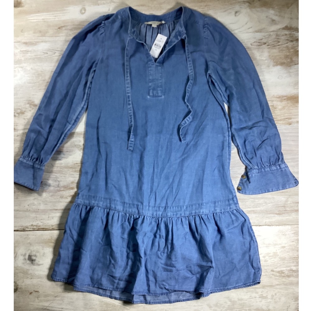 LOFT Womens Blue Chambray Linen Blend Tie Neck Ruffle Hem Shift Dress NWT XS